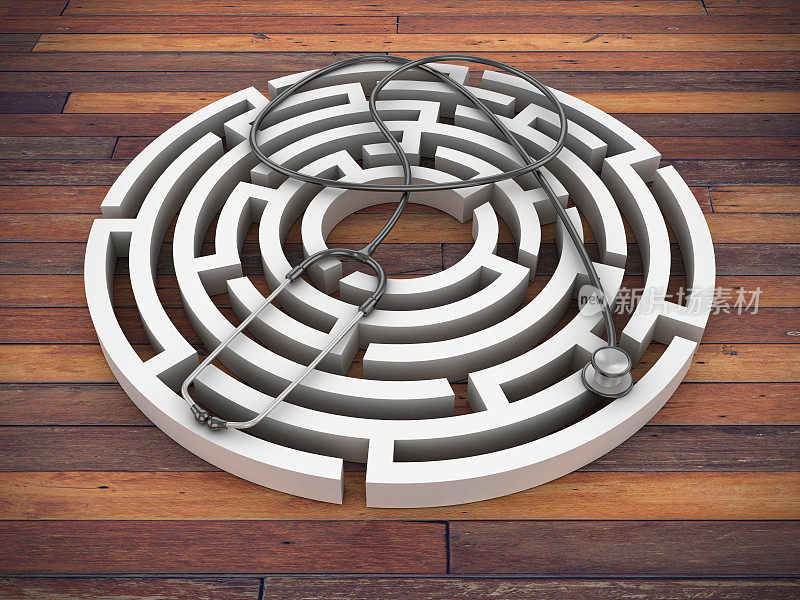 圆形迷宫与听诊器在木地板- 3D渲染